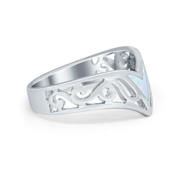 Lab Created White Opal Filigree Chevron Thumb V Ring Round 925 Sterling Silver